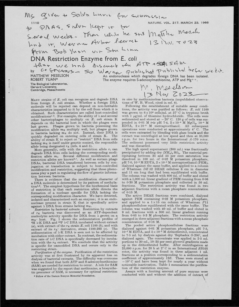 Miniature of Meselson M. and Yuan R. DNA Restriction Enzyme from E. coli, 1968