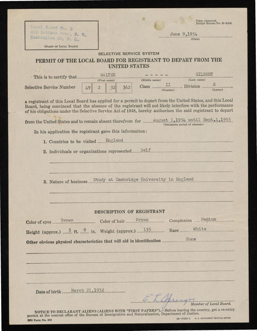 Selective Service Board, 1954