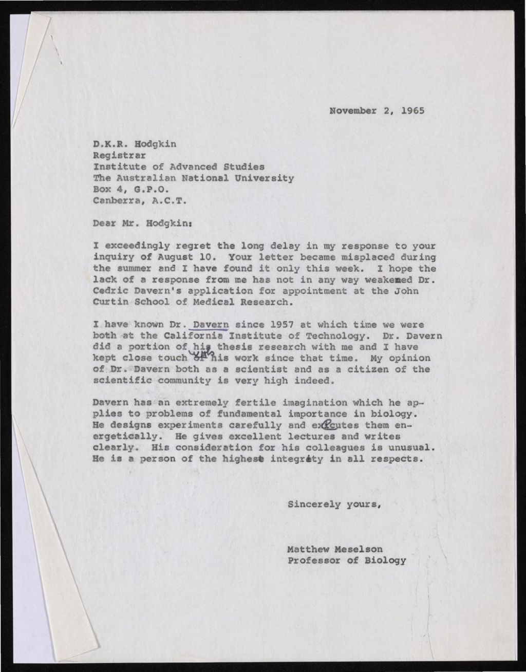 Davern, Cedric, 1960 - 1965