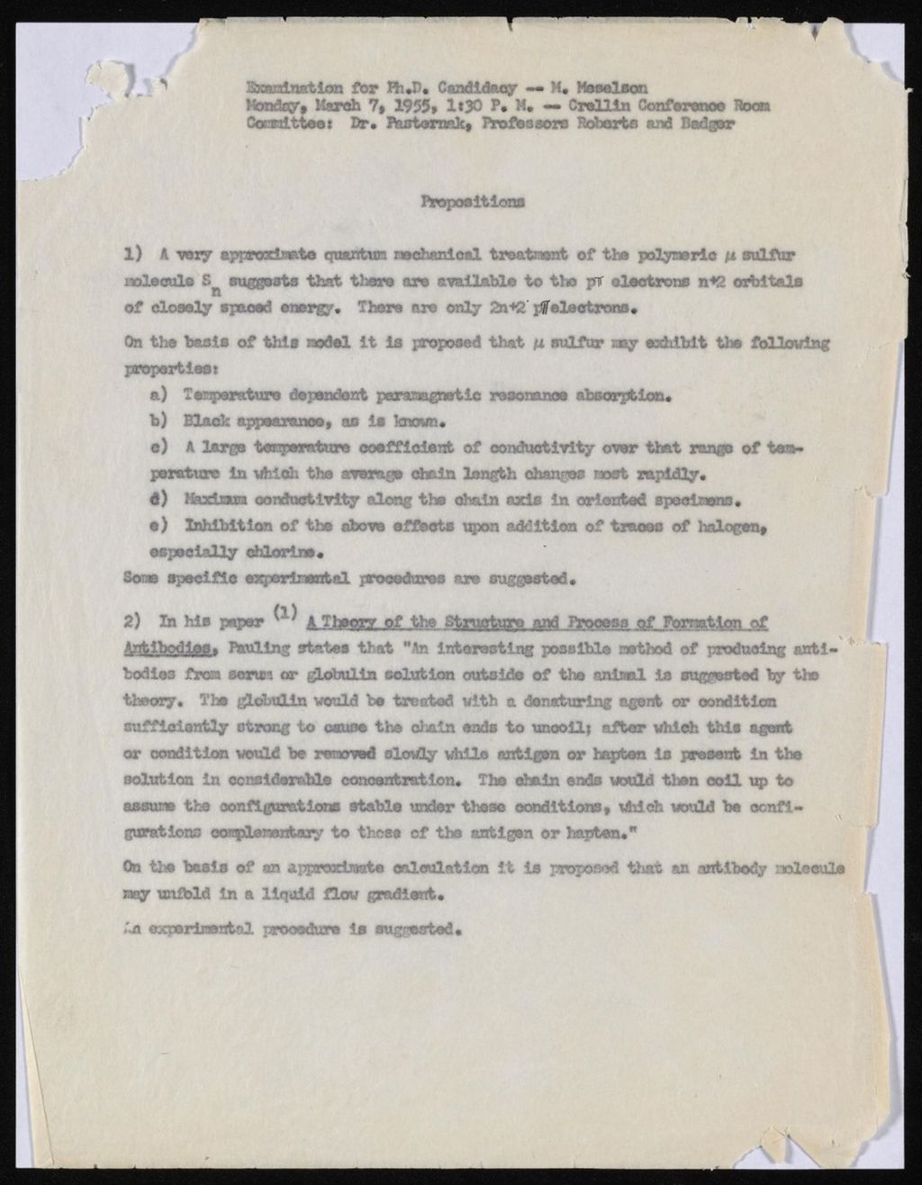 Proposal and Thesis - Crystal Structure of N,N'-Dimethylmalonamide, 1955 - 1957
