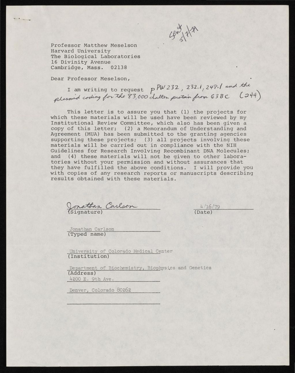 Plasmid Requests (2 of 4), 1977 - 1986