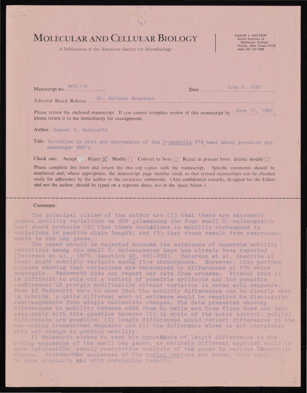 Reviews by Meselson, 1979 - 1982