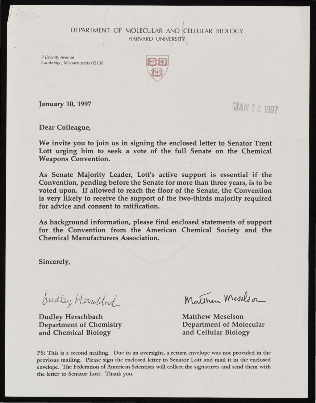 Signed Letter to Senator Trent Lott, Senate Majority Leader, 1997