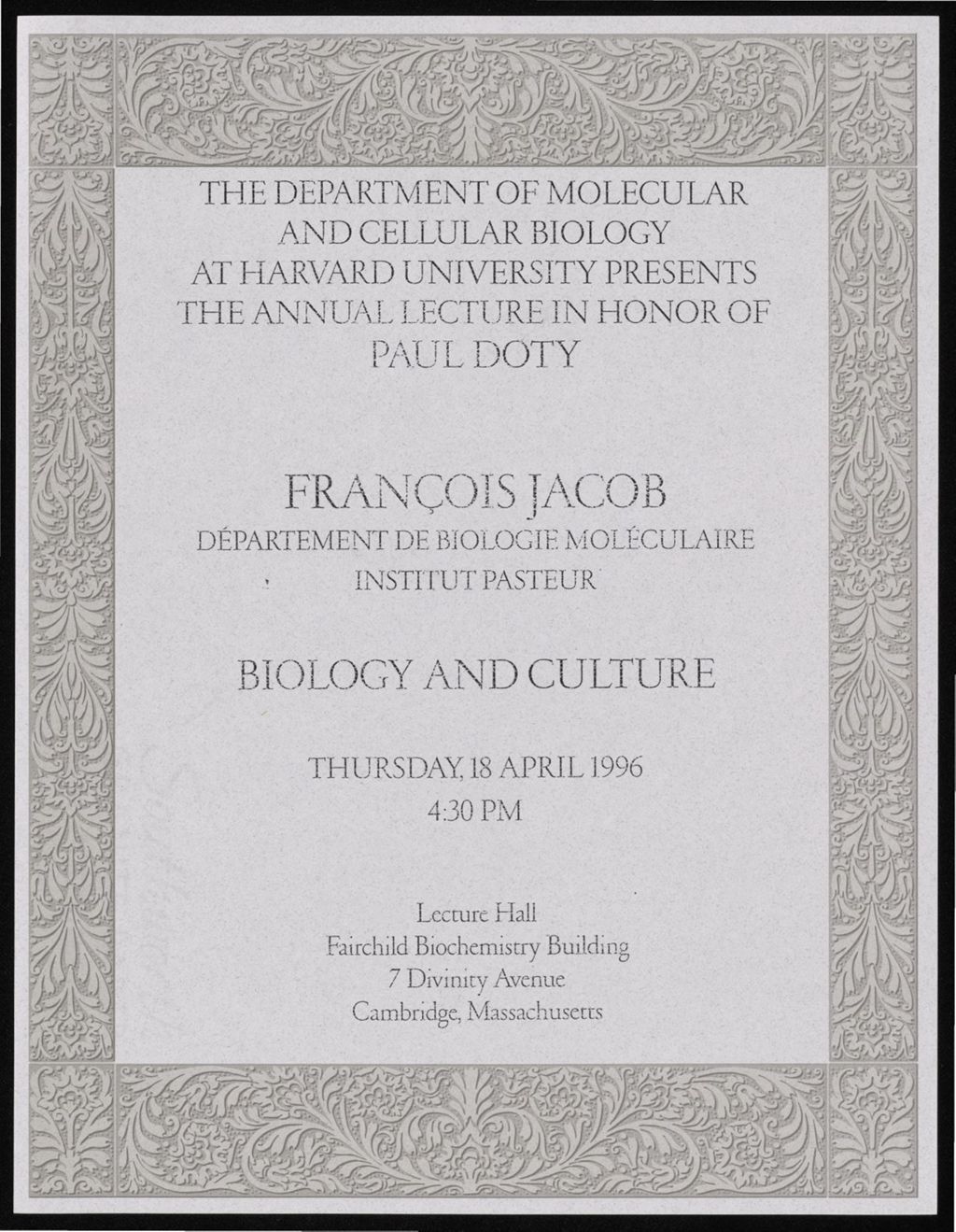 François Jacob Doty Lecture, 1996