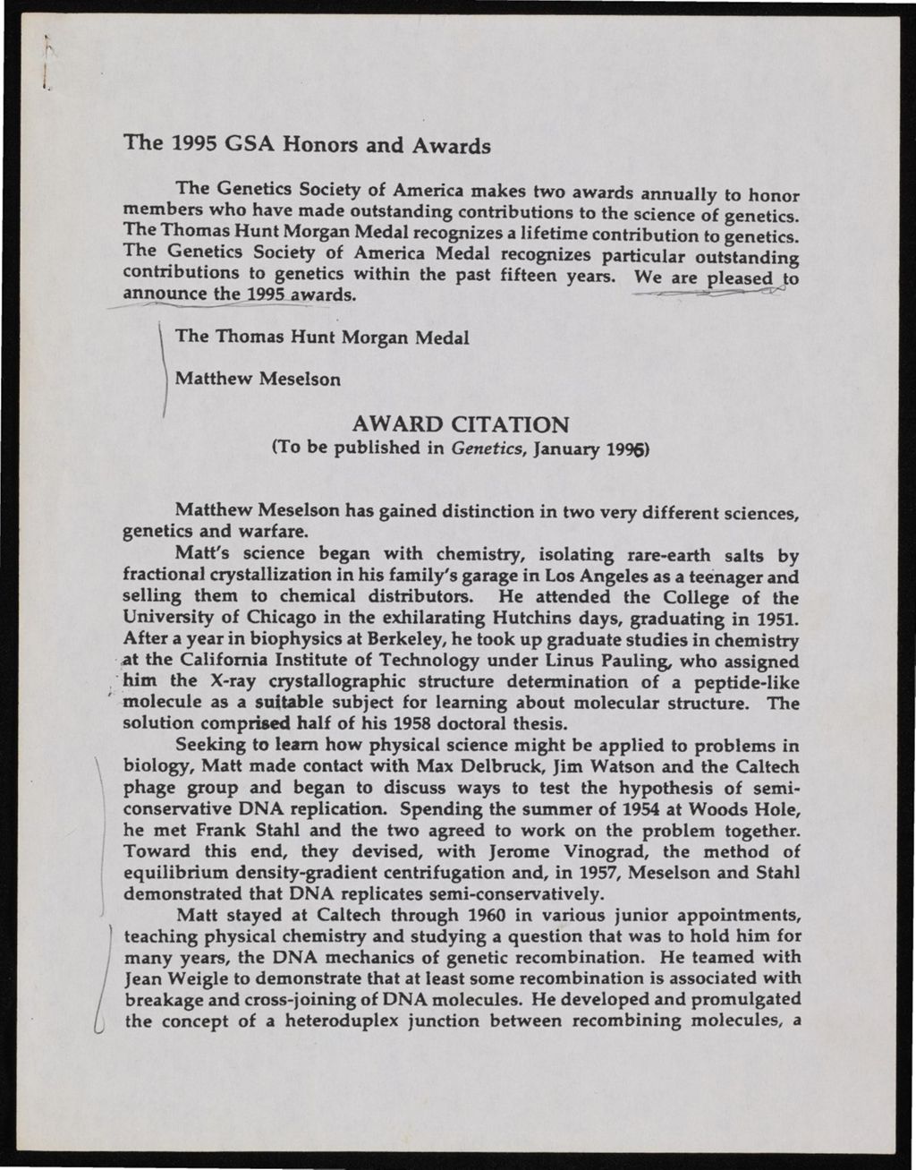Genetics Society of America, Thomas Hunt Morgan Medal, 1995 - 1996