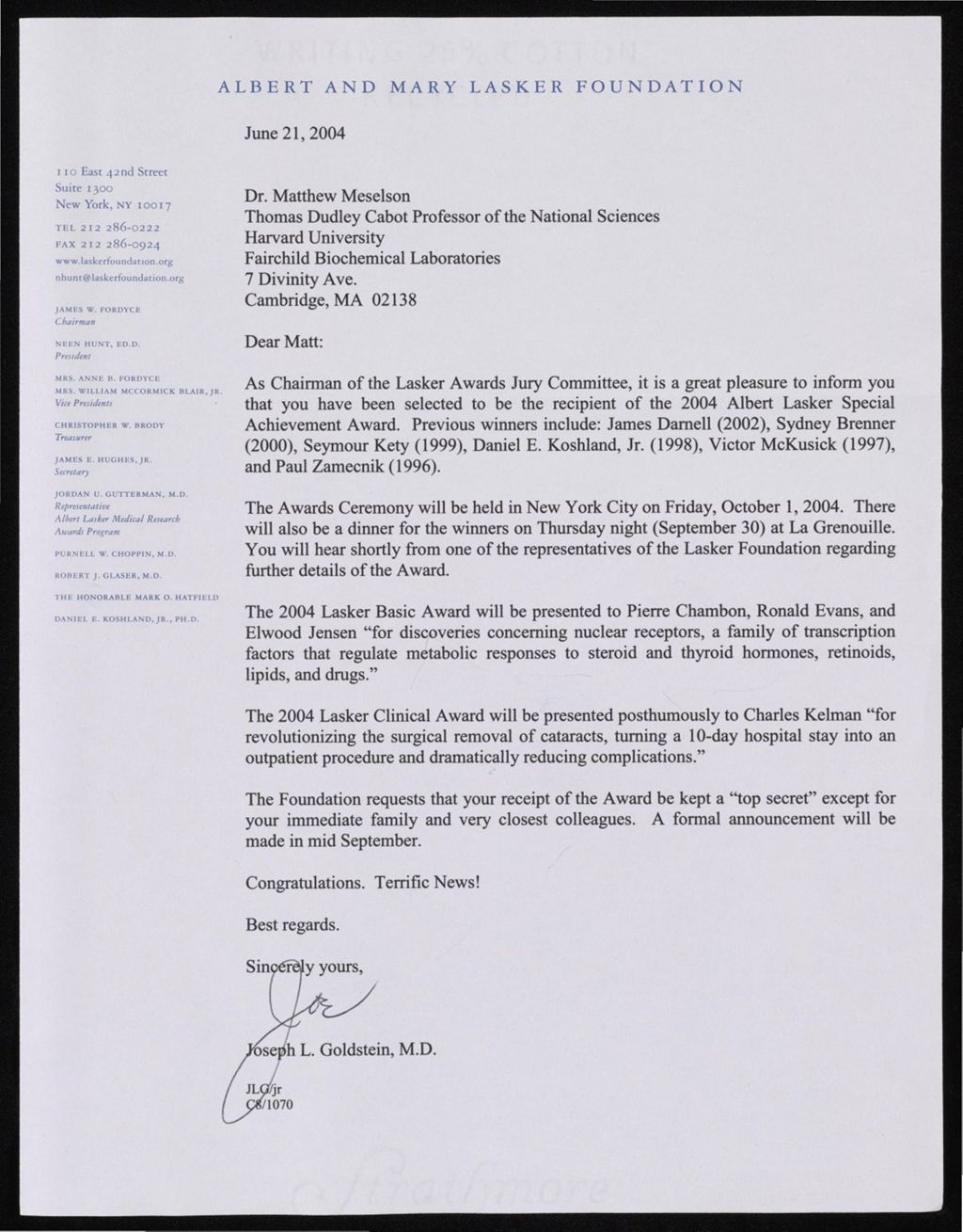 Lasker Special Achievement Award: Correspondence, Program Materials, and Interview Transcript, 2004